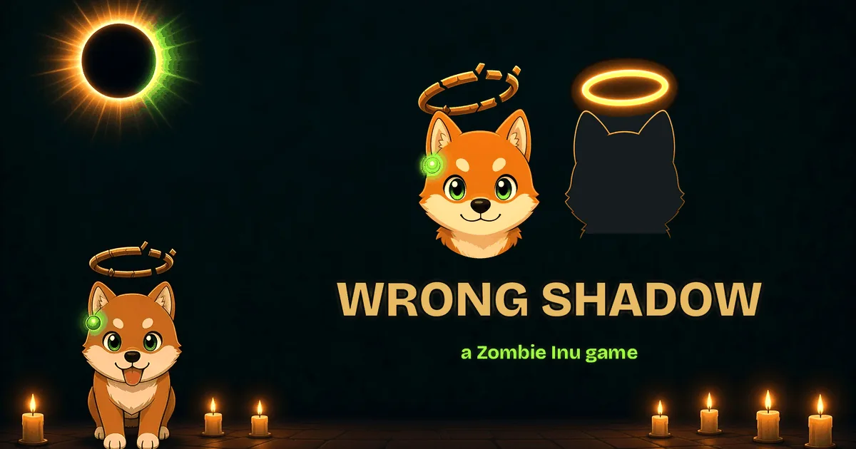 Wrong Shadow key art: the orange Zombie Inu pup with a halo beside his dark halo'd shadow