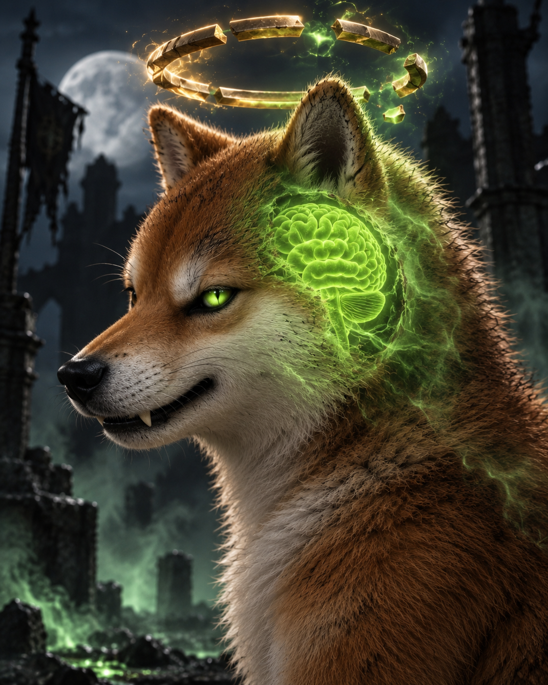 Zombie Inu side profile with spectral green brain